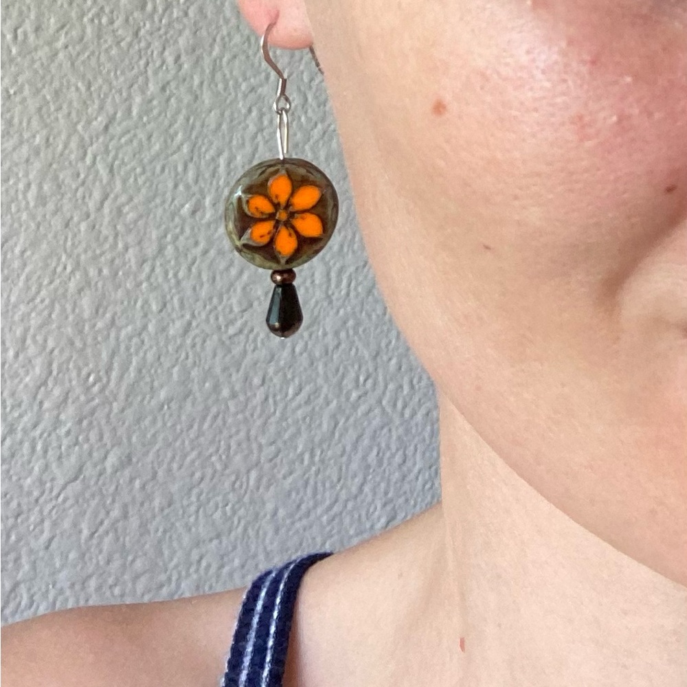 Handmade Czech Orange Flower Glass Drop Earrings - Picture 5 of 5